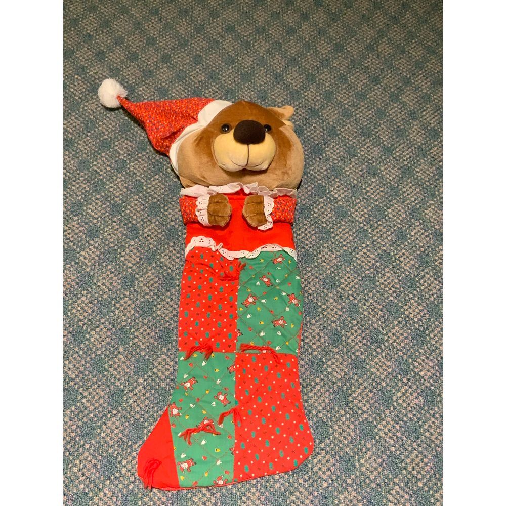 Plush Bear Christmas Stocking with Santa Hat Holiday Decor Red and Green Pattern